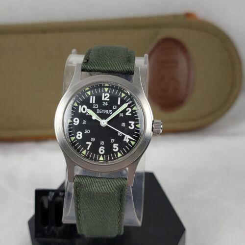 RARE BENRUS 50th ANNIVERSARY OF U.S. ARMY Mil-W-46374 HANDWIND GREEN MEN'S WATCH