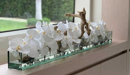 Floral Arrangement, Casa Moderna Glass Plate W/ Faux White Orchids & Succulents - Picture 4 of 8