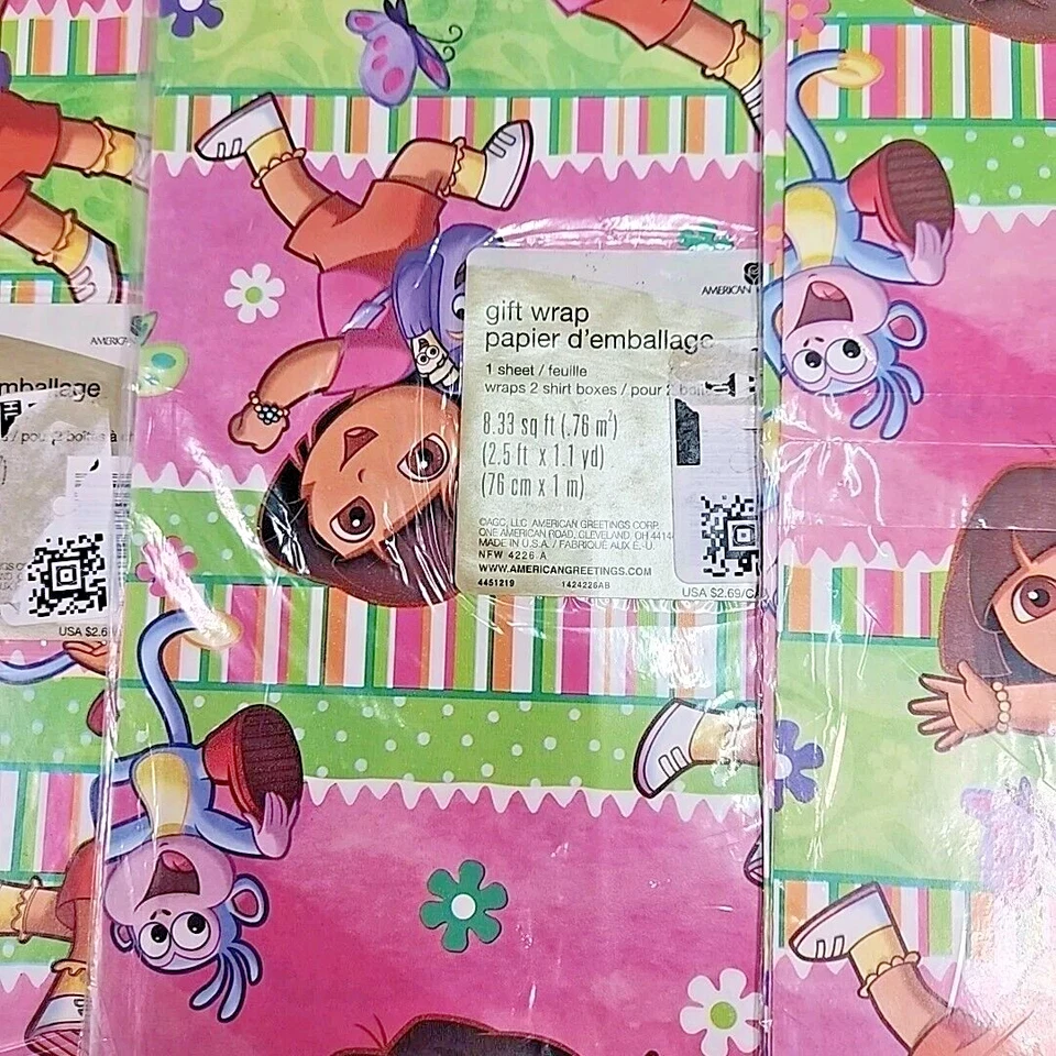 4 packs NOS American Greetings Pink Dora The Explorer Gift Wrap 8.33 Sq. Ft. - Image 3 of 3