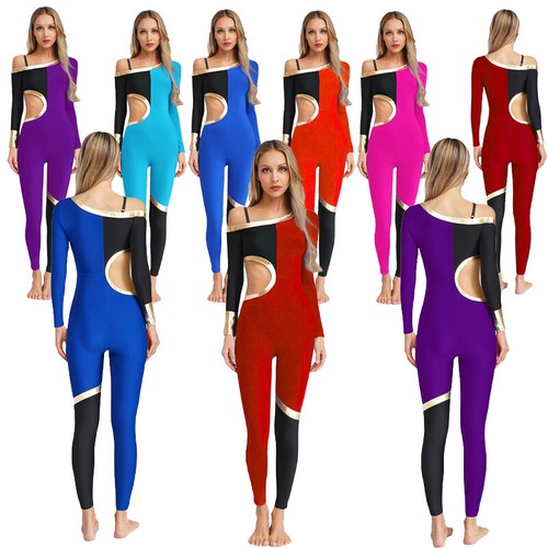 Women Bodysuit Roller Leotard Jazz Jumpsuit Color Block One Shoulder Rhythmic - Picture 3 of 37