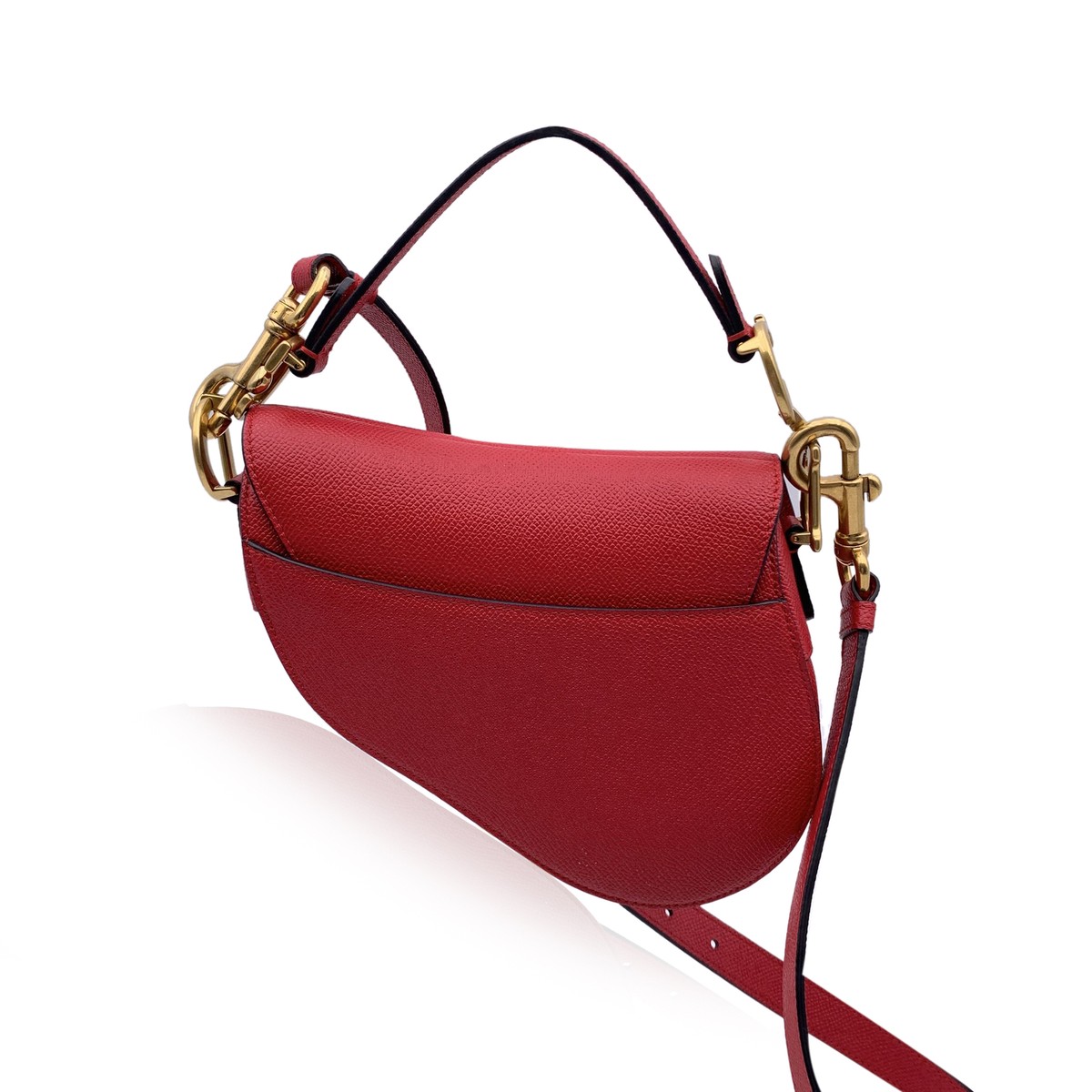 Authentic Christian Dior Red Leather Mini Saddle Bag with Shoulder