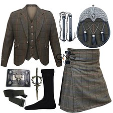 Scozzese Uomo Tweed Giacca 7 Pezzi Kilt Completo Diserbo Giacca Kilt Set