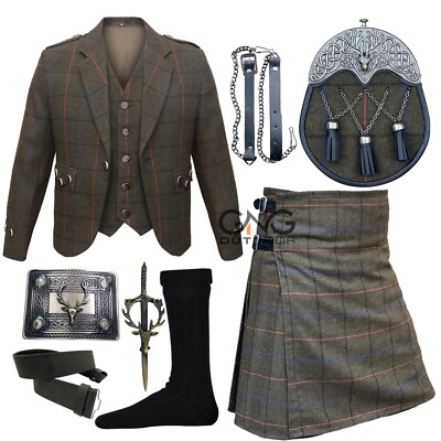 Schottisches Herren Tweed Sakko 7 Teile Kilt Outfit Jäten Jacke Kilt Set