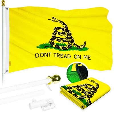 G128 5ft Aluminum Flagpole (White) & Gadsden Flag Embroidered 2x3ft