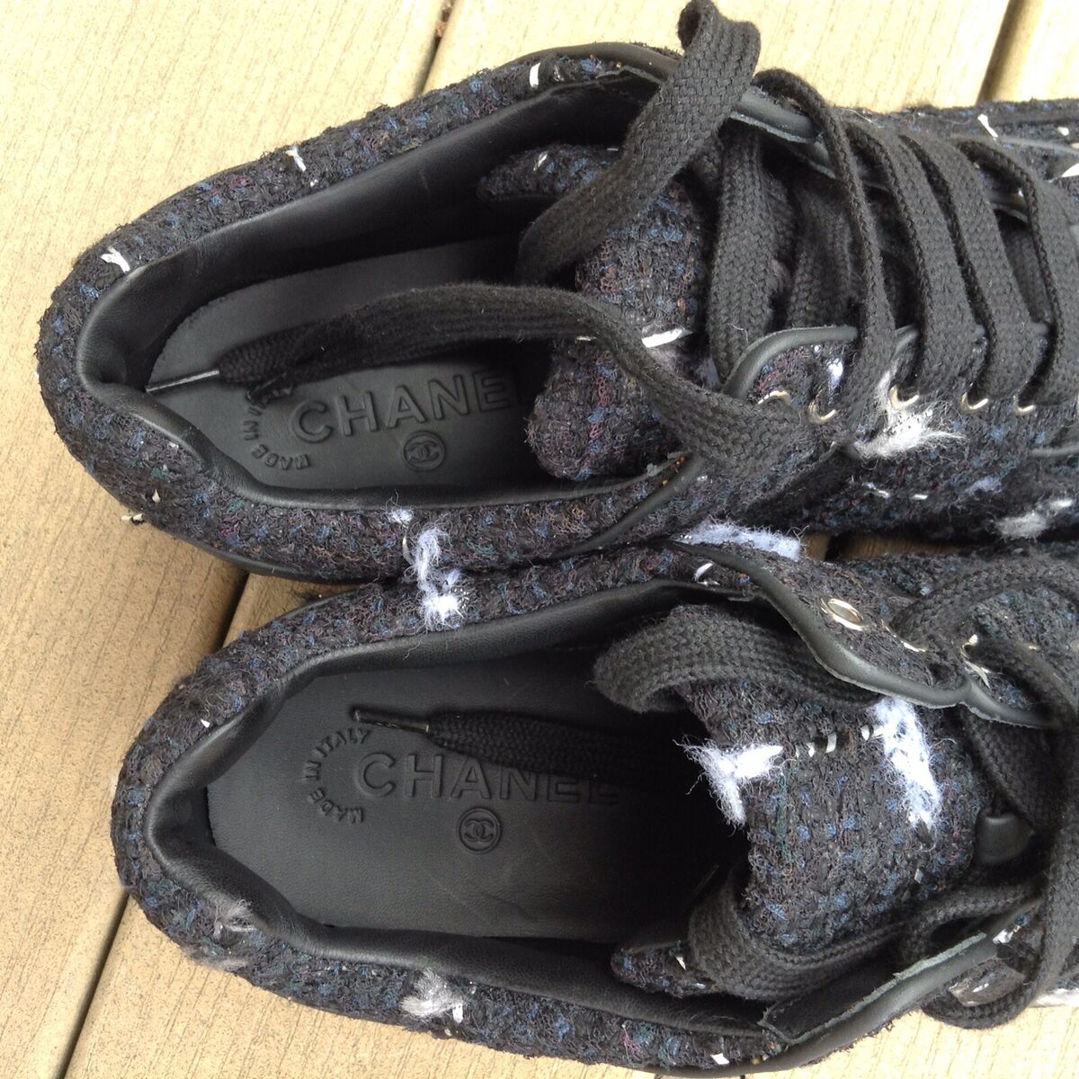 Chanel Black Tweed Leather Lace up Sneakers, Tennis Shoe Chanel Black Tweed Leather Lace up Sneakers, Tennis Shoe