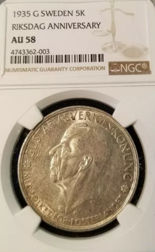 1935 SWEDEN SILVER 5 KRONOR RIKSDAG ANNIVERSARY NGC AU 58 NICE LOOKING COIN