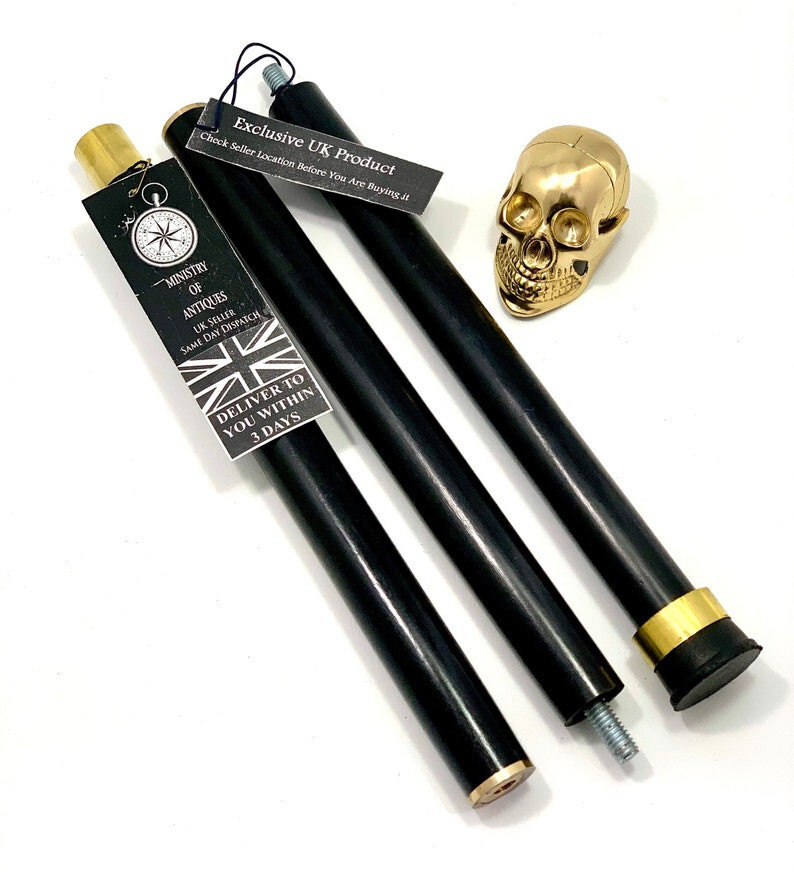 Antique Brass Solid Skull Design Head Handle Blac… - image 3