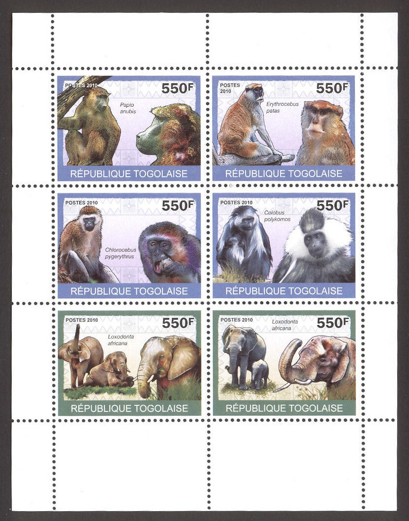 Fauna G09 Monkeys Elephants Animals Sheet MNH 2010 Togo | eBay