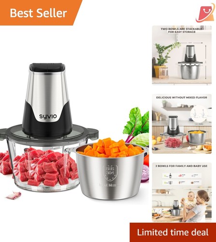 Food Processor Stainless Steel 8 Cup 2 Bowls 450W Mini Electric Chopper