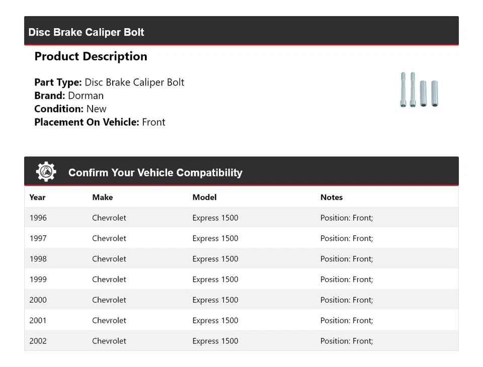 Para 1996-2002 Chevrolet Express 1500 Dorman pinça de freio a disco parafuso dianteiro 1997 - Imagem 2 de 4