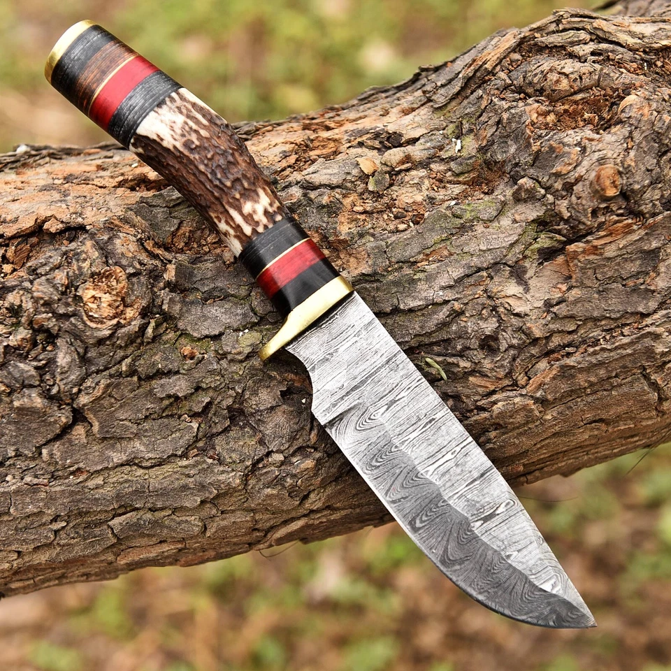 CUSTOM HANDMADE DAMASCUS STEEL HUNTING SKINNING KNIFE DEER STAG HANDLE SURVIVAL - Image 2 of 4