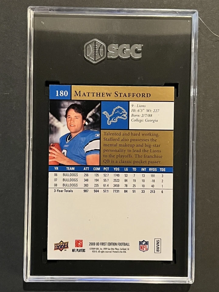 2009 Upper Deck Rams Matt Stafford RC #180 - Rookie 1st Edition Card SGC 10 GEM  - Image 2 of 2
