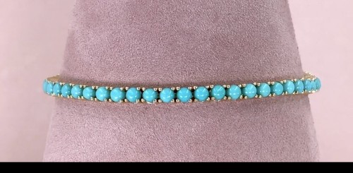 14K Gold Turquoise Tennis Bracelet 7.30 CTW Round Cut Womens - Picture 3 of 4