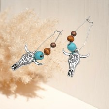 Western Beaded Silver Bull Head Earrings