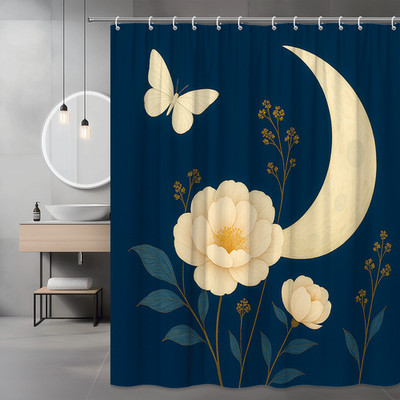 Floral Night Sky Shower Curtain with Moon and Butterfly