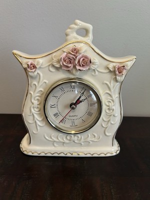 Vintage Clock Rose Flower Detail Porcelain Floral White/ Pink / Gold 