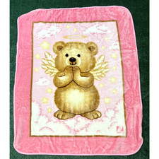 Vintage Novatex Cobertor Infantil Blanket Rose Pink Angel Bear Stars 110 x 130