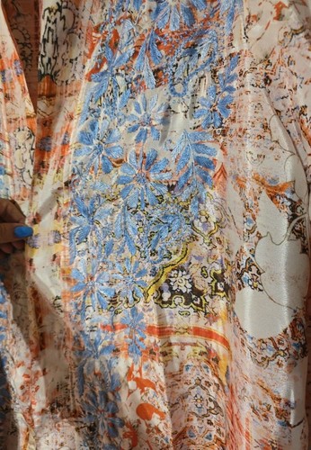 Karen Seo Beautiful Orange And Blue Silk Like Kimono Jacket Size Large - Picture 4 of 9