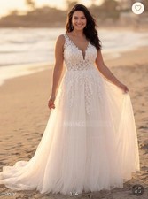 Hebeos Ivory Lace Wedding Dress A-Line Tulle Bridal Gown V-Neck New With Tags