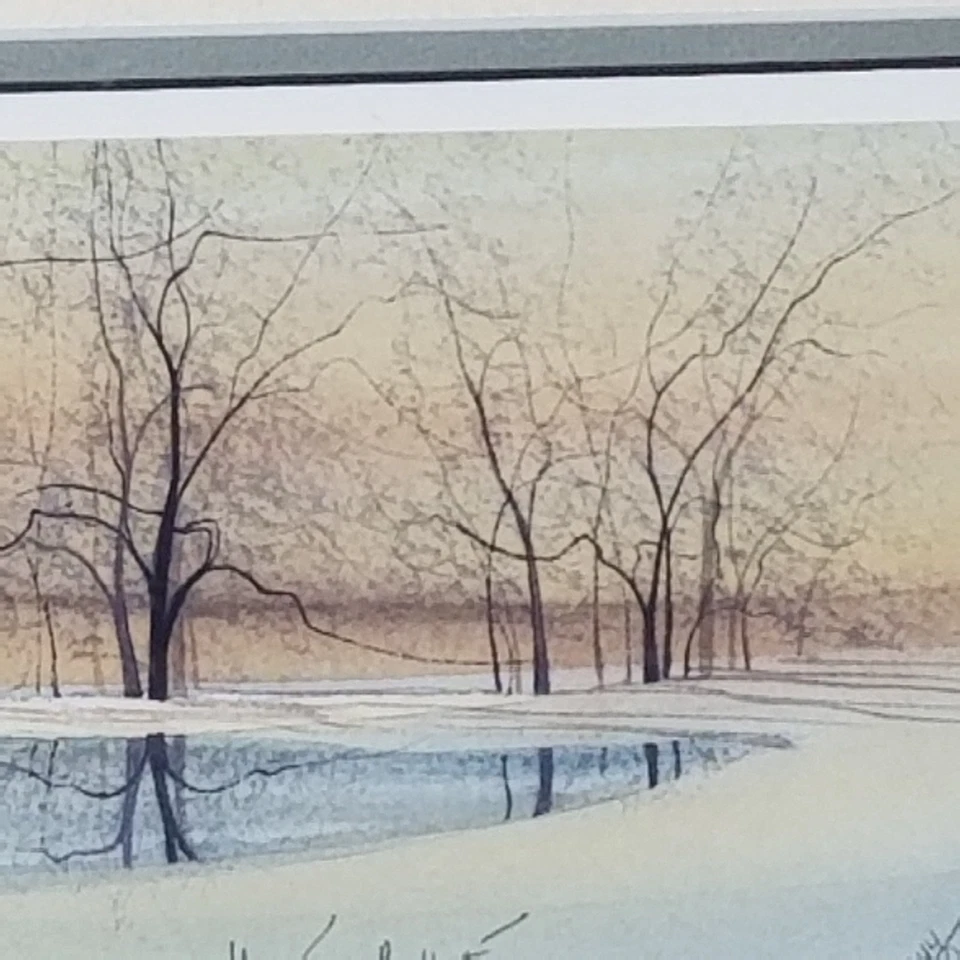 P. Buckley Moss Morning Reflections lagoa de inverno neve 2001 assinado emoldurado fosco - Imagem 4 de 4