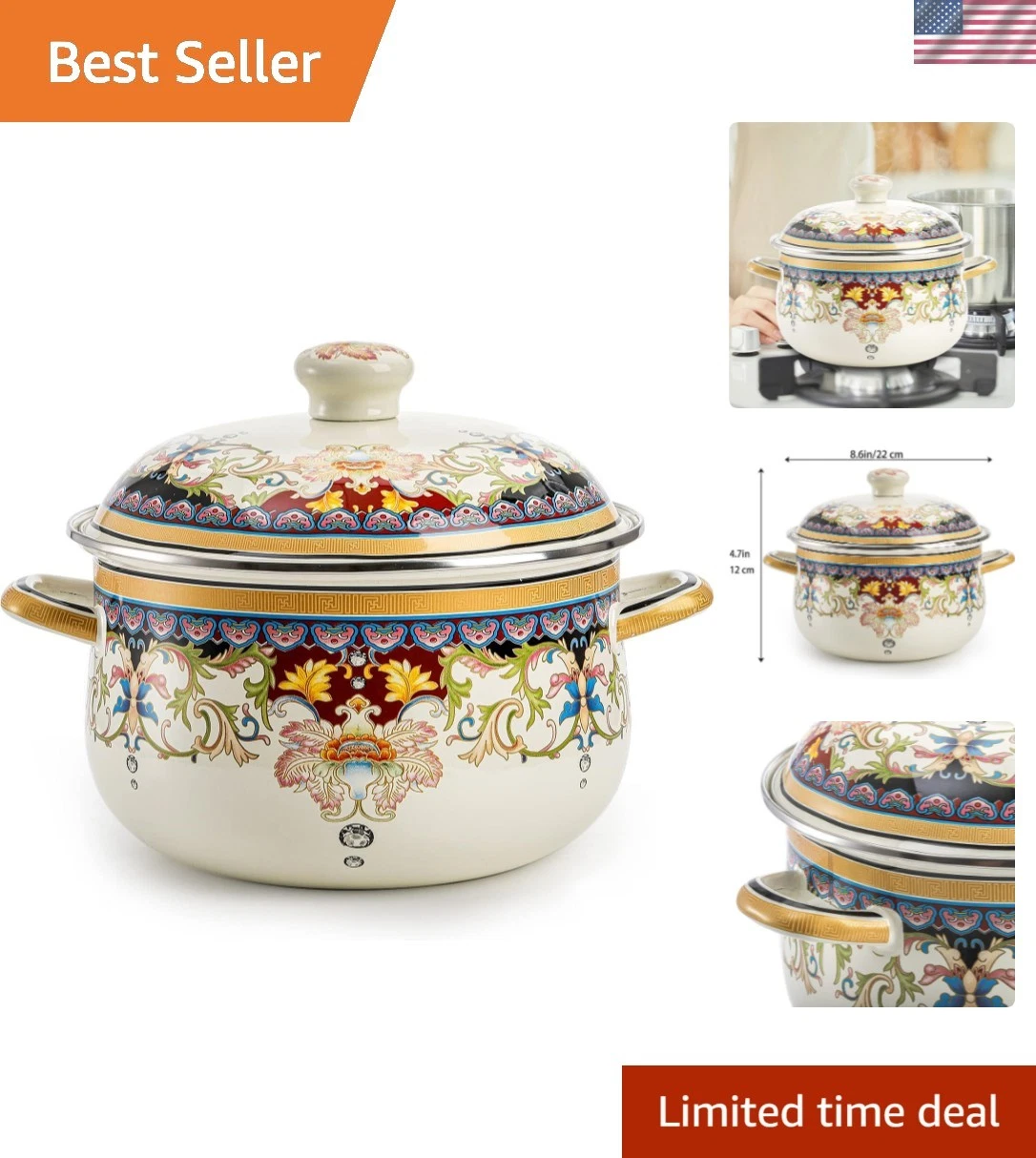 Elegant 3.5 QT Nonstick Enamel Stockpot with Lid - For Induction & Gas Cooking
