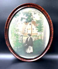 Antique Oval Tiger Wooden Decorated Framed Convex Beveled Glass of Women picture