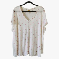 C&C California Linen Flamingo Print Shirt White Pink Coastal Stretch Women 2X