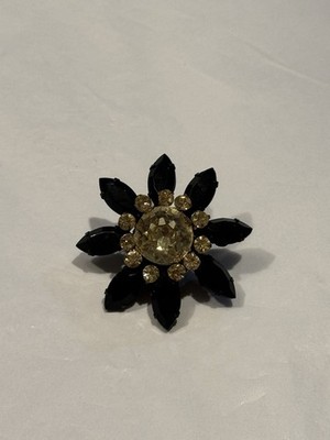 Vintage Miriam Haskell Rhinestone Flower Black Gem Earring Clip On Single Piece
