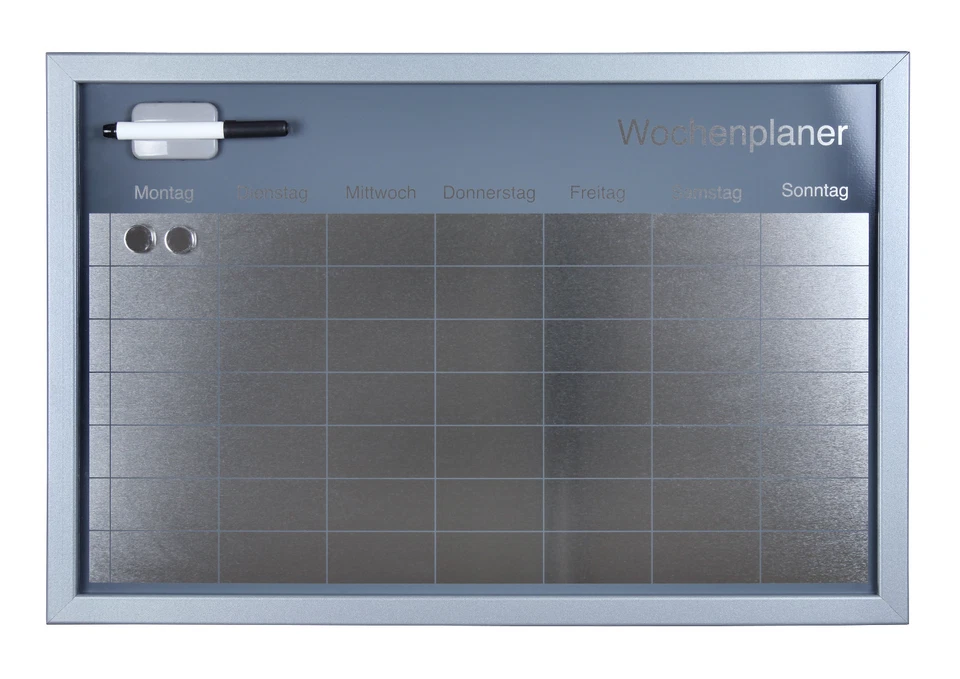 Wochenplaner Magnettafel 60x40cm silberner Rahmen, silber/schwarze Schreibfläche