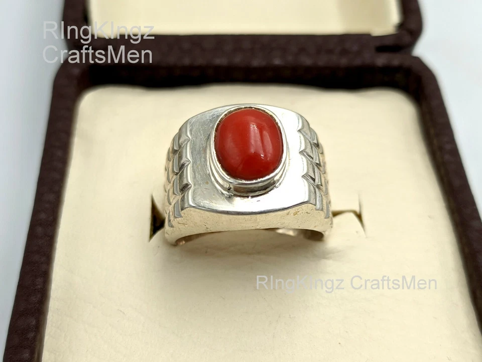 Натуральный коралл мужское кольцо размер 9 ручной работы серебро 925 пробы подлинный камень Мерьян - Изображение 3 из 4