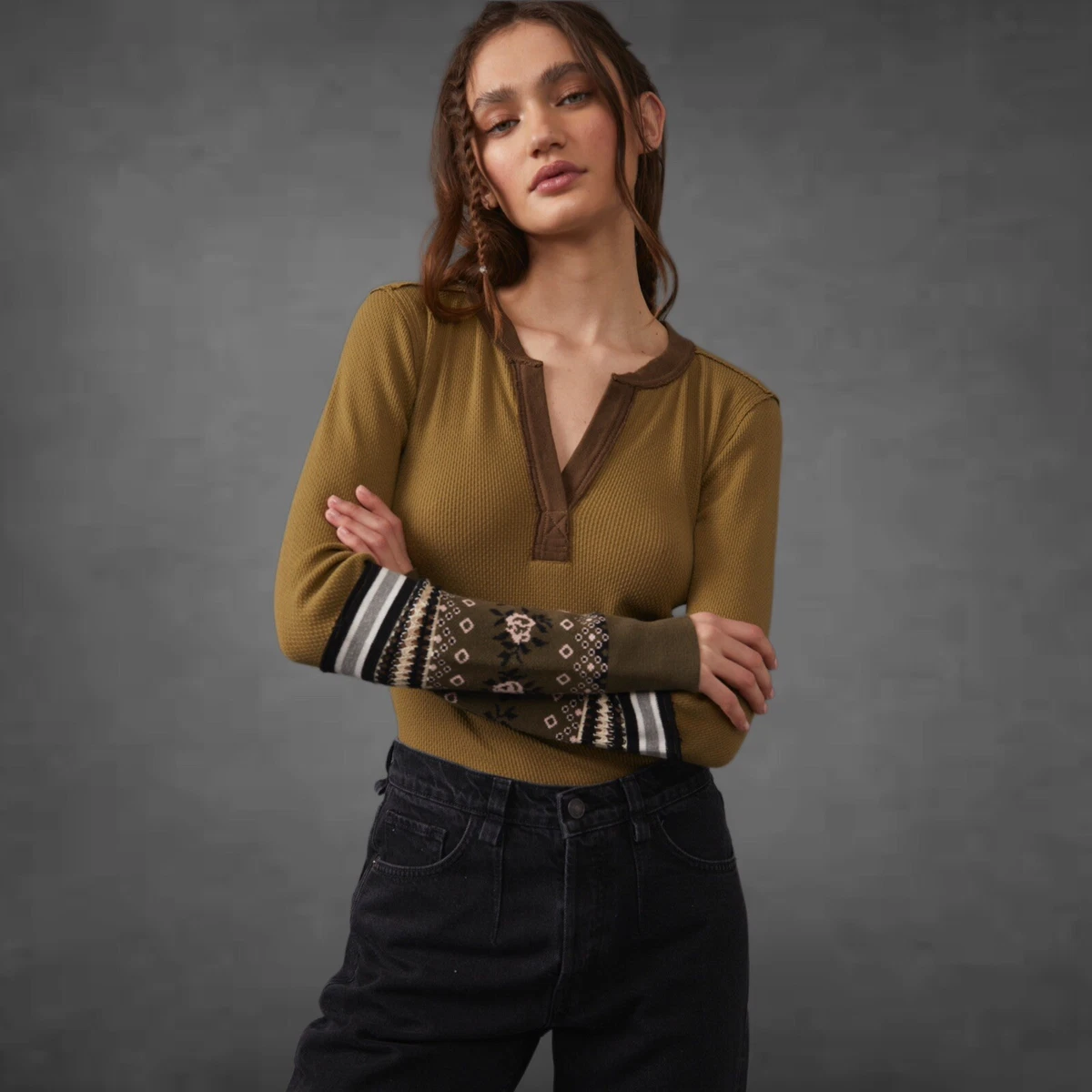 Free People NWT Mikah Layering Cuff Long Sleeve Mixed Media Army Combo Large New