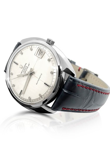 Universal Geneve Polerouter Auto Date ST 35mm case Silver Index dial Strap 1965
