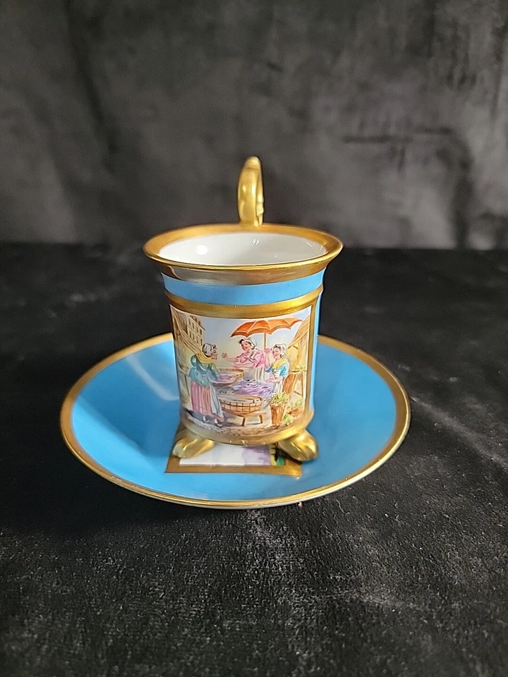 Juego de tazas y platillos pintados a mano Le Tallec 4 oz. París Francia 1956 Vintage Foto 4 de 4