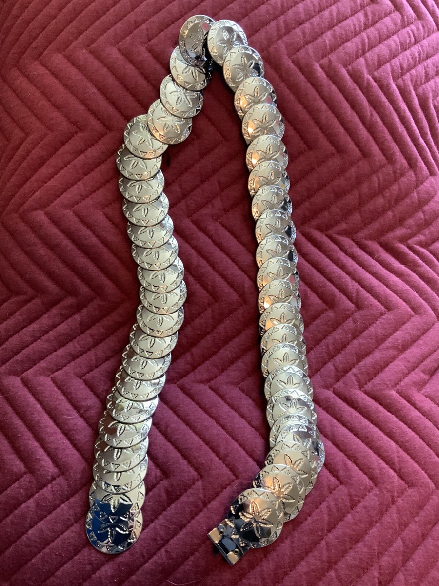 Vintage Silver Metal Sand Dollar Medallion Stretch Belt 81470-Vintage-Silver-Metallic-  main image 2