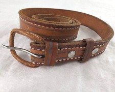 Vintage Women's Skinny Leather Brown Belt 32" x .75" Handmade Blue/White Accents