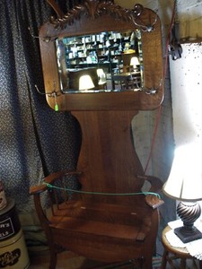 Antique Oak Hall Seat rack tree coat hat storage beveled edge mirror 1900's