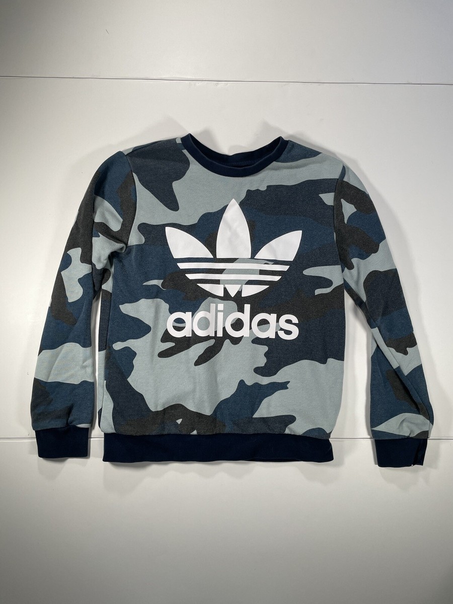 Adidas Womens Small Crew Neck Sweatshirt Blue Camo Long Sleeve