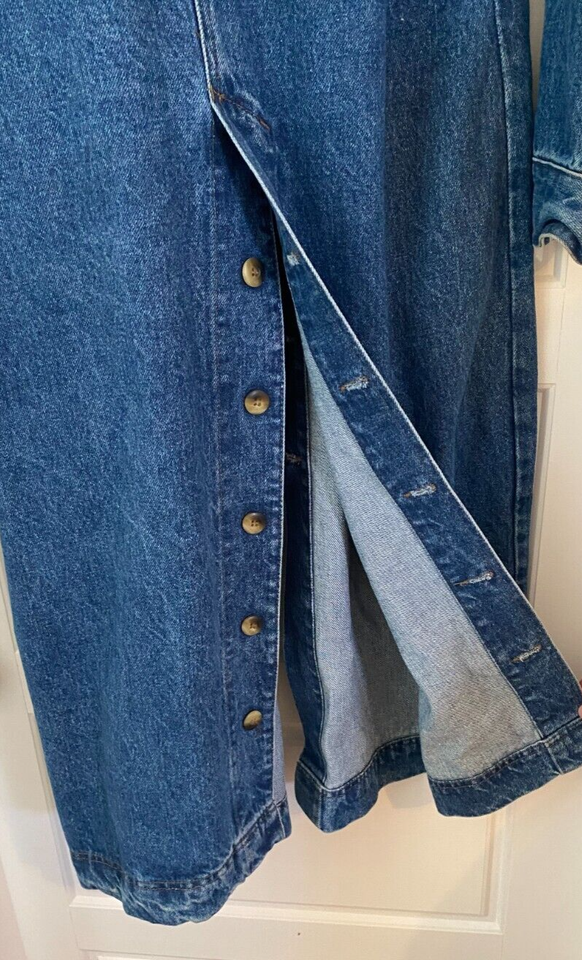 Vtg Denim Duster Coat Calamity Jeans Womens Long USA made 90s Leather