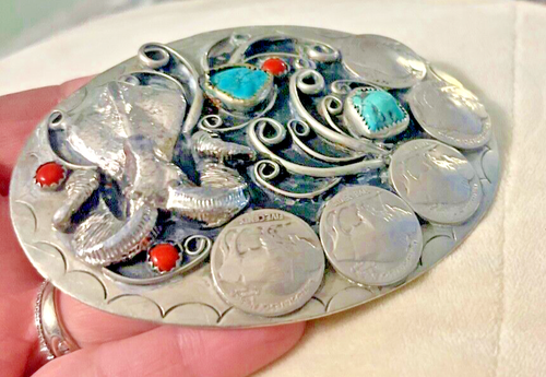 Vinatge Native Silver Nickle Ram & Buffalo Nickels, Turquoise & Coral Buckle - Picture 5 of 19