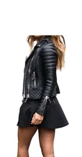 Women's Real Lambskin Leather Quilted Motorcycle Biker Jacket Black Padded Coat
