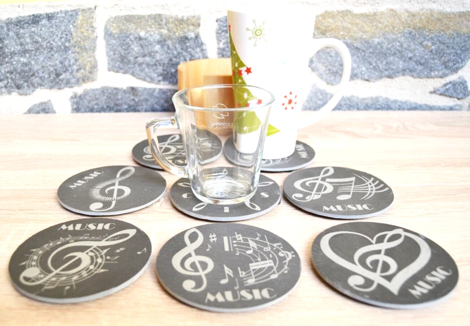 Juego de 8 posavasos redondos de Pizarra colección Música con grabado laser. - Imagen 4 de 4