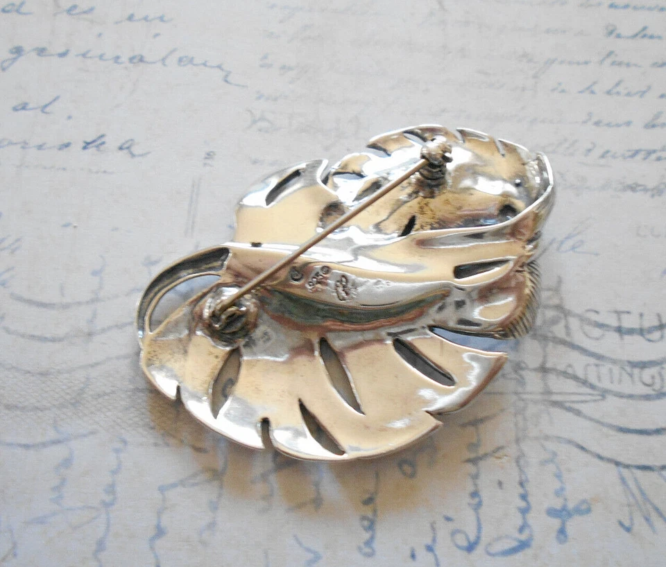 Broche Pluma Curvada Turquesa Pollack Esterlina Oxidada T56R20 Foto 3 de 4