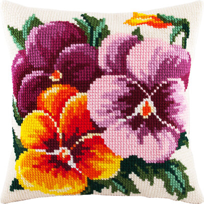 DIY Printed Cross-Stitch Cushion Kit ''Pansies'', 16x16'' / 40x40 cm