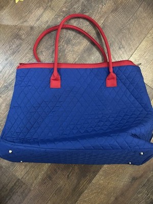 Belvah royal blue/red tote bag quilted pattern and contrasting red handles.
