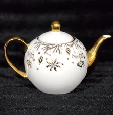 Gold & White Christmas Ornaments Teapot 6x9" Metallic Snowflake Pinkmas Monterey