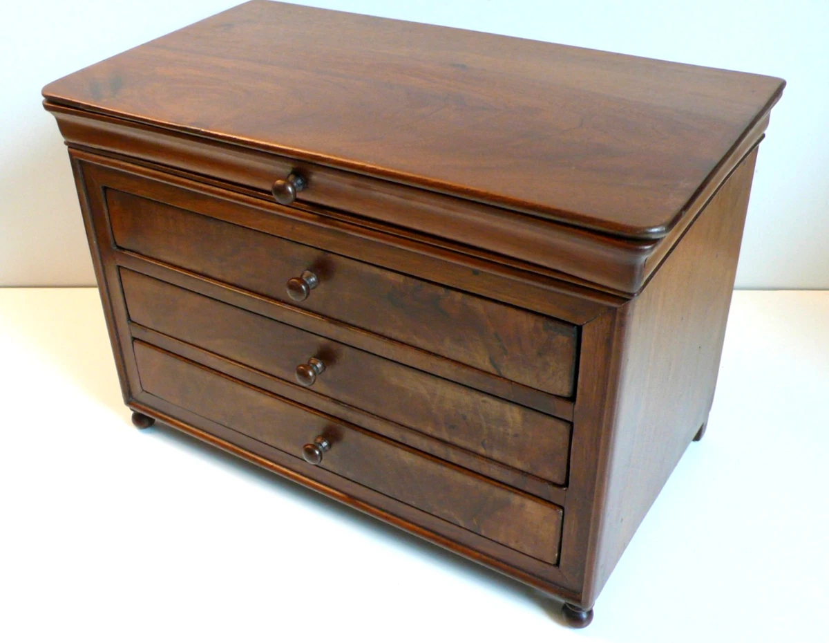 Commode De Poupée Ancienne Placage Acajou - 3 Tiroirs - Ht 34,5 Cm
