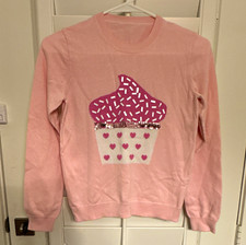 Crewcuts Girls Pink Knit Pullover Sweater Cupcake Graphic Sequins Crew Neck 14