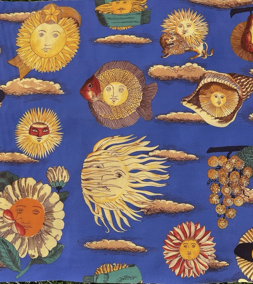 Tessuto vintage canvas cotone Lunario del Sole azzurro Fornasetti - Immagine 2 di 4