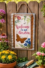 Farmhouse Welcome to Garden Metal Rustic Wall D cor Sign Flower Butterfly 15x9.5
