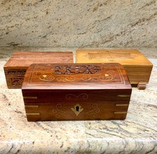 3 Vintage Carved Wooden Trinket Jewelry Boxes Carving Brass Design Mirror  Lock